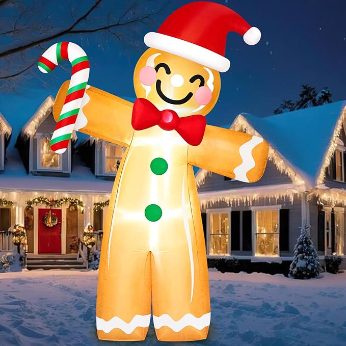 8FT Tall Giant Gingerbread Inflatable Christmas Decorations Outdoor Candy Cane, Built-in LED Lights Funny Ginger Bread Blow Up Outside Decoration for Xmas Holiday Indoor Party Yard Lawn Garden Decor