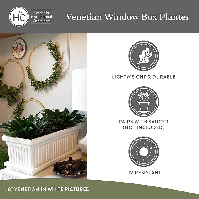 The HC Companies Venetian Window Planter Box w/Drain Plug - Long Planter Box for Windowsills, Balconies & More - Plastic Large Rectangular Planters for Herbs & Flowers (30" Sandstone, Pack of 1)
