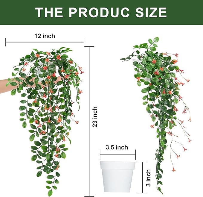 2 x Fake Hanging Plants Small Artificial Potted Lysimachia Plants with OrangeRed Flowers for Home Decor Nearly Natural Hanger Greenery for Wall Room Indoor Outdoor Shelf Decor OrangeRed