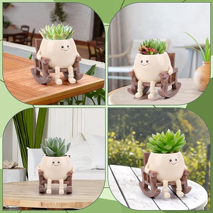 Smily Face Planter Pot, Cute Resin Flower Head Planters for Indoor Outdoor, Unique Sitting Rocking Chairs Succulent Pots, Cute Plant Gifts for Plant Lovers