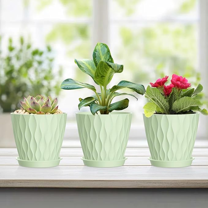 4 Inch Small Pots for Plants, 6 Pack Waffle Texture Small Plant Pots for Succulents, Plastic Planter with Drainage Holes and Saucers for Indoor Outdoor Plants, Flowers, Herbs, Seedlings, Green