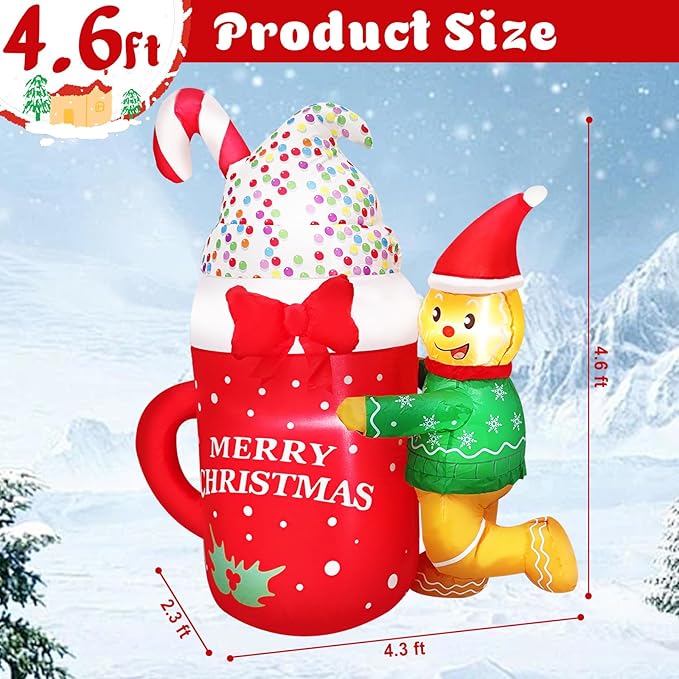 5FT Inflatable Gingerbread Men Christmas Decoration Blow Up Elf with Ice Cream Merry Christmas Printed Decor for Holiday, Party, Winter Festive Ornaments Indoors Outdoors Lawn, Yard, Garden