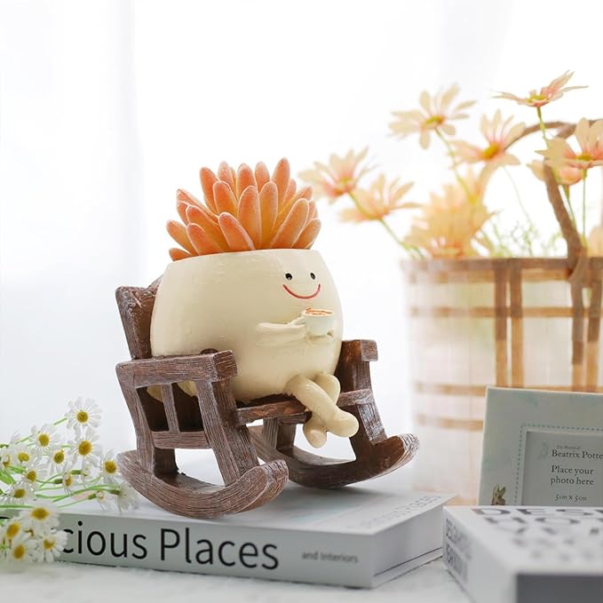 Smiley Face Planter Pot, Cute Resin Smile Face Flower Head Plant Pot, Creative Flower Pot for Indoor Outdoor Plants, Funny Home Decoration (Rocking Chair)