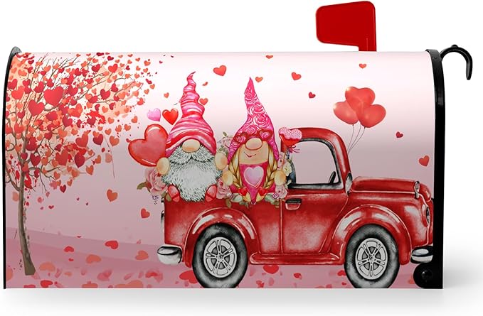 Valentine’s Day Mailbox Cover 18x21 Inch Magnetic Pink Gnomes in Red Truck with Heart Balloons and Love Tree Romantic Mailbox Wrap for Outdoor Yard Decor Waterproof Durable Mailbox Covers