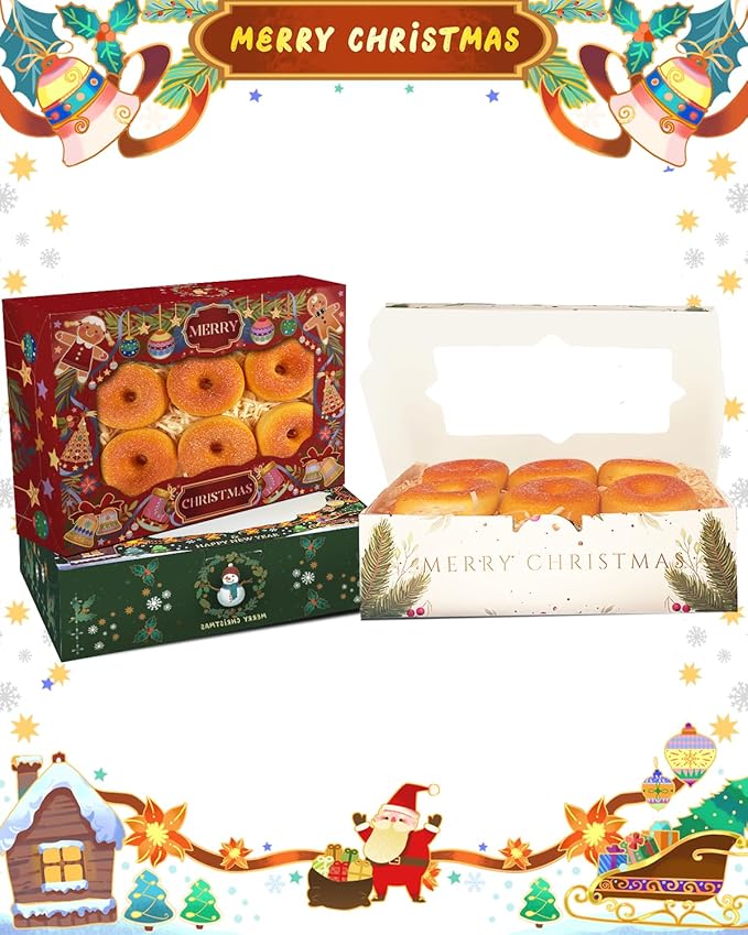 qiqee Christmas Cookie Box with Window 9x6x2.5 inch 50Pcs Pastry Macaron Retro Christmas Bakery Box For Christmas