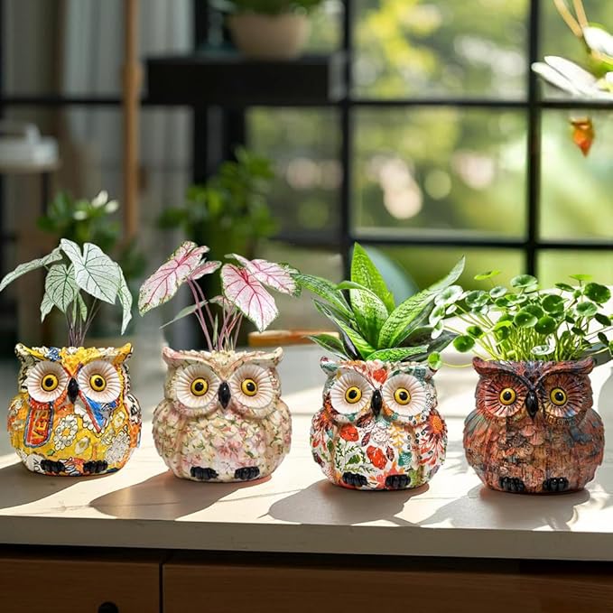 Owl Planter, Owl Succulent Pots, Funny Plant Pots Indoor/Outdoor, Decorative Garden Flower Pot, Cute Small Planters for office Home Decor, Unique Statue Figurine Gifts for Women Mother Teacher Red