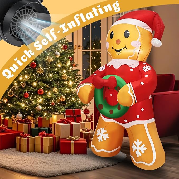 Christmas Gingerbread Man Inflatable Decoration 5.6 FT Outdoor Holiday Yard Decor with Santa Hat and Wreath, Perfect for Lawn, Garden, Party or Indoor Holiday Display