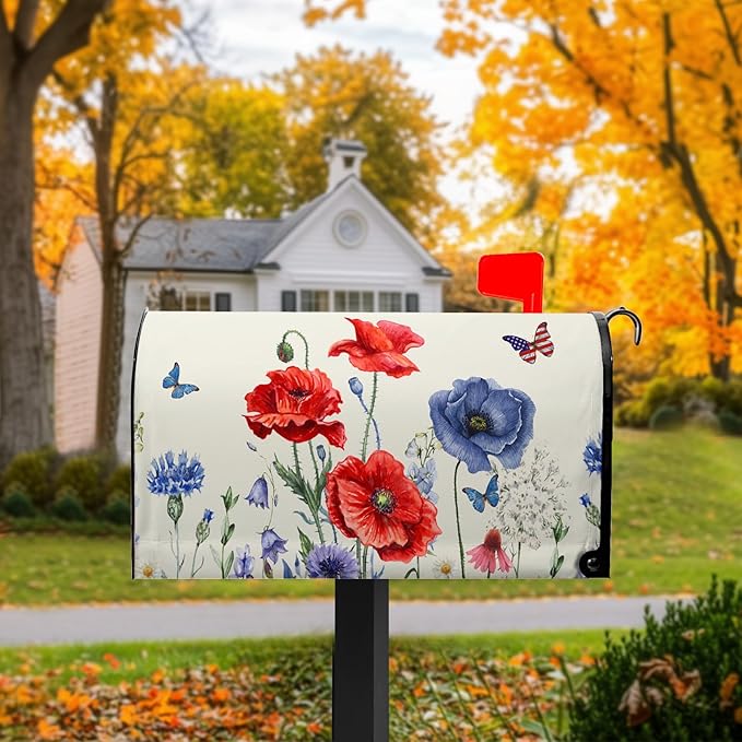 Red Blue Floral Mailbox Covers 4th of July Mail Box Covers Magnetic Standard Size 21x18 inch Patriotic Butterfly Flower Post Letter Box Cover Wrap Decorative Mailboxes for Outside Garden