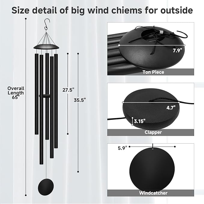 65" Extra Large Wind Chimes for Outside Deep Tone, 5 Thick and Bold Aluminum Tubes Tuned Relaxing Melody Wind Chime, Big Wind Chimes for Garden Patio Decor, Great Gift Idea for Mother's Day (Black)