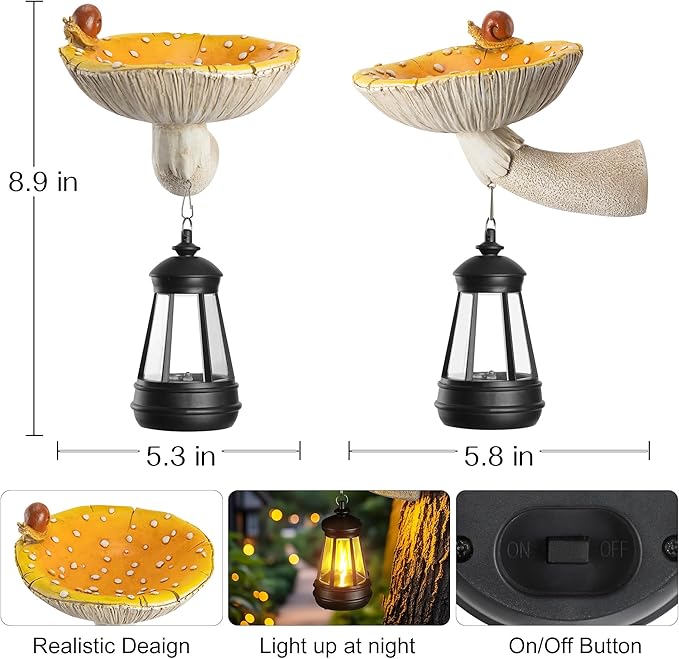 Mushroom with Snail and Lantern Cute Solar Statue Light Garden Decoration Resin Decoration Painted Design Craft Ornament for Indoor Outdoor Gift(Yellow)