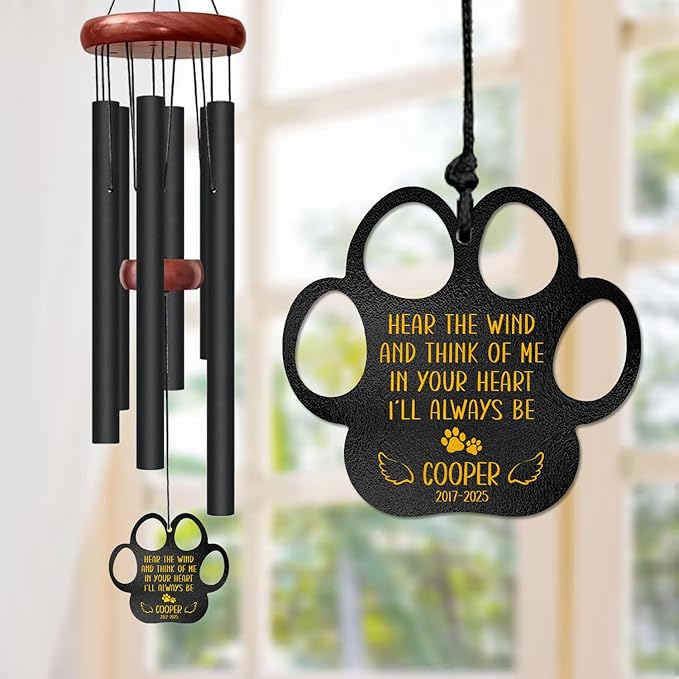 Personalized Pet Memorial Wind Chime – “Hear The Wind and Think of Me” Paw Print Design – Custom Dog or Cat Name & Years – Sympathy Gift for Pet Loss – Outdoor Garden Remembrance Windchime