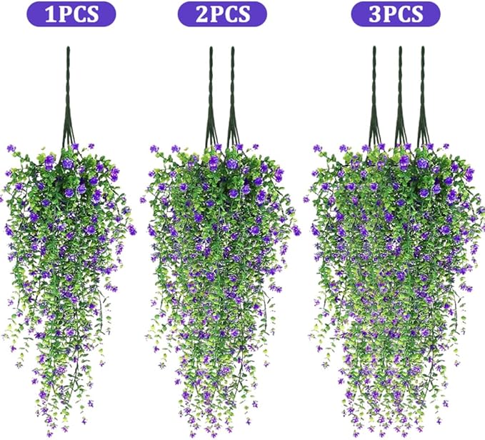 Artificial Hanging Flowers, 3 Pcs Fake Hanging Plants Decor, Artificial Vines for Outdoors, UV Resistant No Fade Artificial Fake Hanging for Indoor Decoration Outdoor Porch Courtyard (Purple)