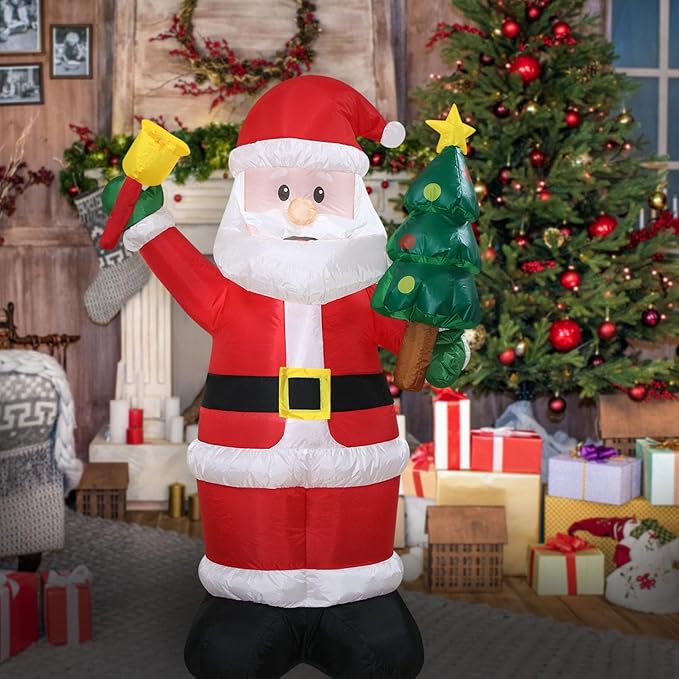 Christmas Inflatables Santa Holds Tree Bell Lighted Yard Lawn Inflatable Decoration with Built-in Fan and Stakes Ropes Holiday Party Decor, Christmas Decor (5FT-Santa Hold Tree & Bell)