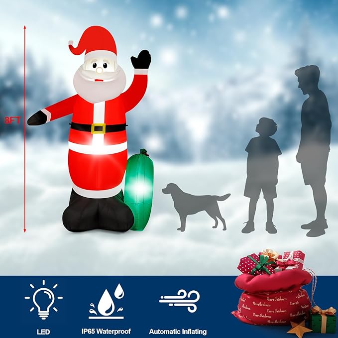 8FT Christmas Inflatable Santa Claus, IP65 Lighted Blow Up Santa Claus with LED Lights, Automatic Inflation Yard Decorations for Lawn Garden Holiday Decor
