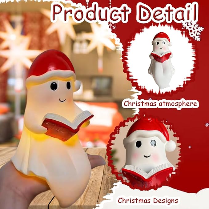 1 Pcs Christmas Reading Ghost Figurine Cute Spooky Design Glow in the Dark Figurines Desk Christmas Decorations Indoor for Christmas Decor Home Table Bedroom Office Desktop Display Ornaments lamp