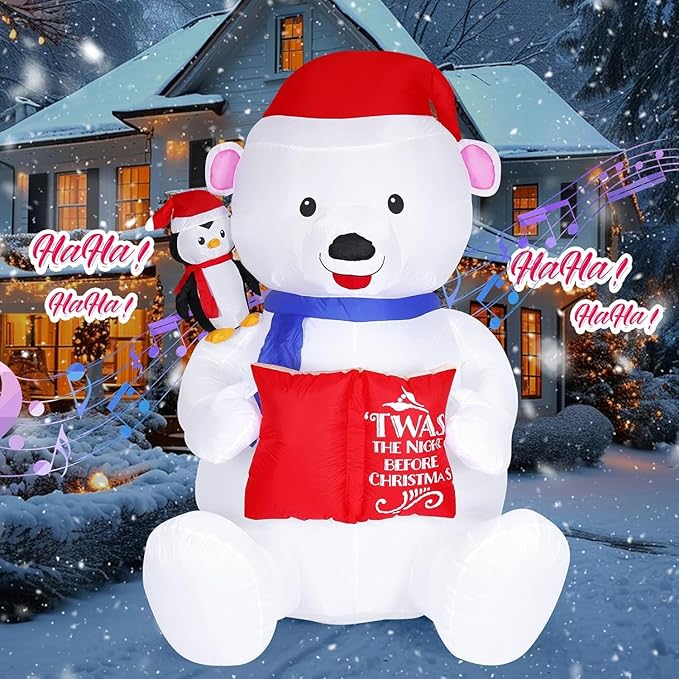 8FT Giant Christmas Inflatable Polar Bear with Penguin Decoration, LED Light Up & Built-in Speaker, Blow Up Outdoor Indoor Xmas Yard Decor for Lawn Garden Party Holiday Season