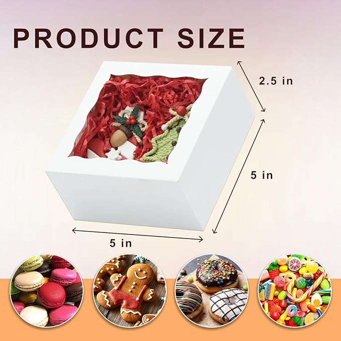 100 Pack 5x5x2.5 Inch Bakery Boxes Cookie Boxes with window Treat Box Chocolate Covered Strawberries Box for Macaroon Dessert Cupcake Pastry Muffins
