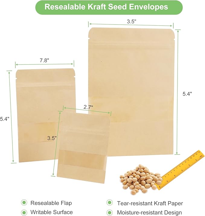 100 Pack Seed Packet Envelopes Resealable with Clear Window – 5.5 x 7.8", Gardening Seeds Storage Bags for Seeds Saving, DIY gifts, Jewelry, Snack, Tea Samples