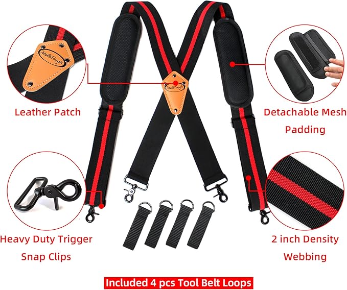 MELOTOUGHTool Belt Suspenders Tool Harness for Heavy Duty Work Movable shoulder Pads, Quick lobster clasp Tool Belt (Red Strip)