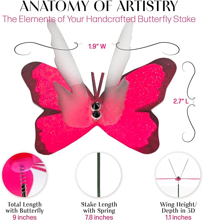 Handmade Glowing Pink Butterfly Garden Stakes Set of 7 - Decorative Outdoor & Indoor Plant Decor - Nature Lover Gift Idea by Air Aquarium Kushner