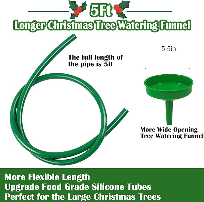 Christmas Tree Watering System, Large 5.5" Dia Christmas Tree Watering Funnel with 5feet Long Hose Xmas Tree Watering Device Easy Assembly Plant Watering Tool for Indoor Outdoor Xmas Tree(Green)