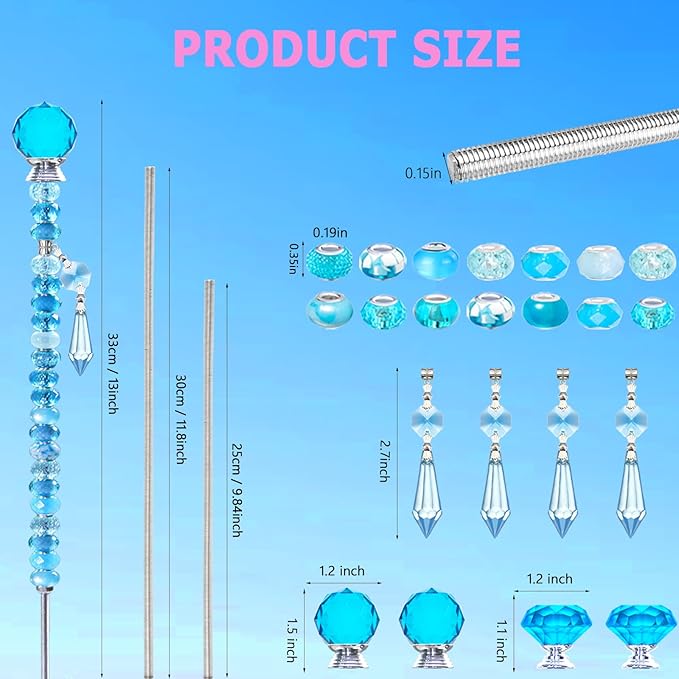 Exway 100 PCS DIY Fairy Wand Beaded Garden Stake Beads Kits with Light Blue Large Hole Beads 4 Crystal Stopper Top Threaded Rods and 4 Light Blue Sparkling Crystal Pendants for Outdoor Indoor Decor