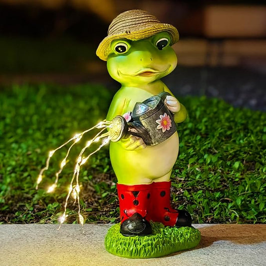 Solar Powered Frog & Mushroom Couple Statue, Outdoor Garden Decor with Romantic LED Lights, Waterproof Resin Sculpture Set for Lawn, Yard, Patio with Anti-Tip Stakes (Watering Frogs)