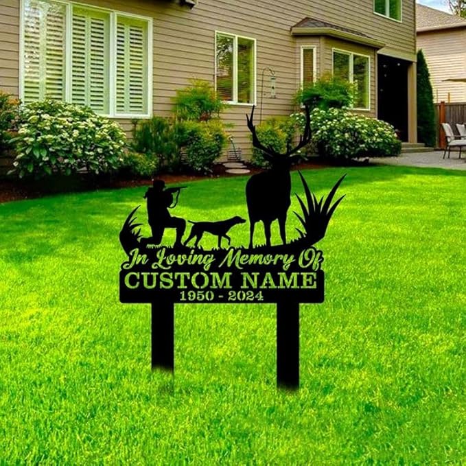 Custom Deer Dog Memorial Metal Stake – Personalized Hunting Grave Marker, Deer Forest Garden Stake, Yard Outdoor Decor (Deer Hunter Memorial)