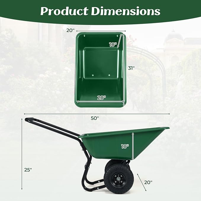 Goplus 2 Wheel Wheelbarrow, 330 LBS Utility Garden Cart with 10” Pneumatic Tires & Handle, 21 Gal Volume, Yard Dump Cart Wheel Barrow, Heavy Duty Wheel Barrow for Lawn