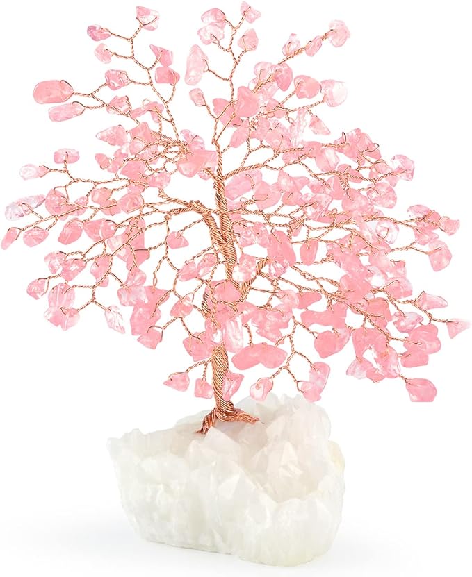Gemstone Crystal Tree of Life,Natural Rose Quartz Clear Quartz Cluster Base,Healing Crystal Positive Energy Bonsai Feng Shui Money Tree Home Decor for Luck and Wealth 5.5"-6.3"