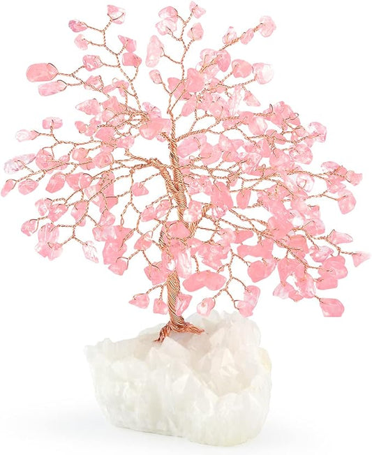 Gemstone Crystal Tree of Life,Natural Rose Quartz Clear Quartz Cluster Base,Healing Crystal Positive Energy Bonsai Feng Shui Money Tree Home Decor for Luck and Wealth 5.5"-6.3"