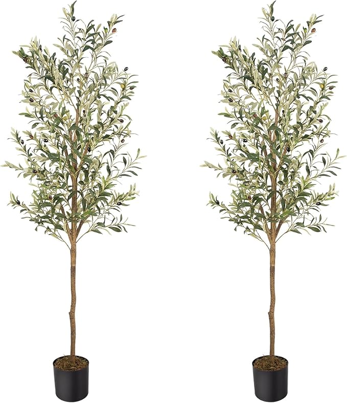 Artificial Fake Olive Tree 6FT Tall 2Pack Faux Silk Olive Tree for Home Living Room Office Decor Faux Artificial Plants Indoor Fake Potted Plants with Fruit & Free Moss