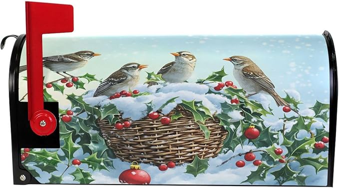 SUABO Mailbox Cover Birds Holly Berry Standard Magnetic Mailbox Covers Wraps for Christmas Home Yard Garden Decor