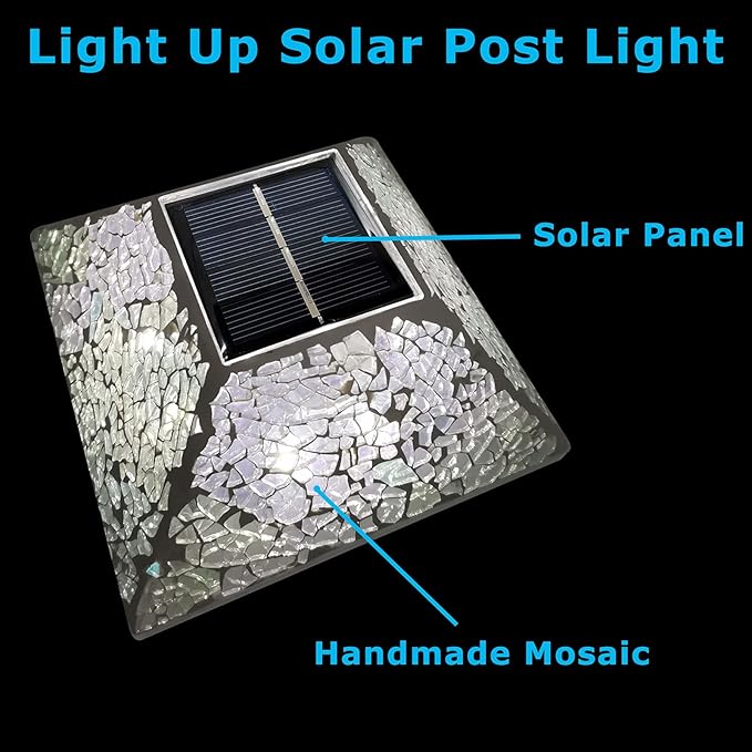 SUNNYPARK 2PK Mosaic Solar Post Cap Lights Outdoor for 4x4, 3.5x3.5 Post Crackled Glass Deck Fence Lamp Weatherproof LED Light Decor in Garden, Yard, Outdoor Table, Balcony, Landscape- Iridescent