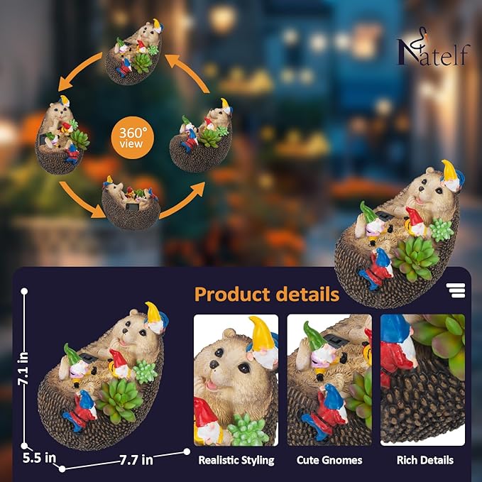 Natelf Solar Hedgehog Garden Statue Light Outdoor Decor with LED, Waterproof Lawn Ornaments for Yard, Patio, Backyard, Balcony - Cute Birthday Gift for Women, Mom, Grandma