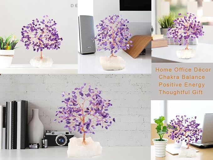 Natural Amethyst Crystal Tree of Life,Clear Quartz Cluster Base,Healing Crystals Positive Energy Gem Money Tree Bonsai,Feng Shui Decor,Spriture Gift Size 5.5"-6.3"