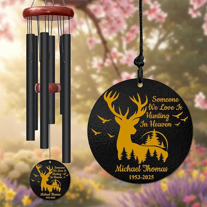 Personalized Hunter Memorial Wind Chime – “Someone We Love is Hunting in Heaven” Custom Name & Years – Deer Silhouette Outdoor Sympathy Gift – Memorial Wind Chimes for Loss of Loved One
