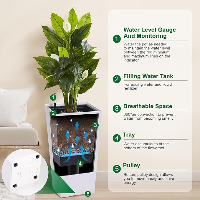 30" Tall Planters for Outdoor Plants, Large Planters Set of 2, Indoor Plant Pots, Boxes, Flower Pots, Modern Design, Built-in Drainage, Front Porch Decor White