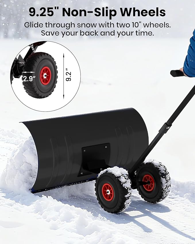 Snow Pusher with Wheels for Driveway, 29.5" Wide Heavy Duty Steel Blade, 5-Position Angle Adjustment & 60° Tilt Handle, Ergonomic Push Snow Shovel with Ground Protection for Effortless Snow Removal
