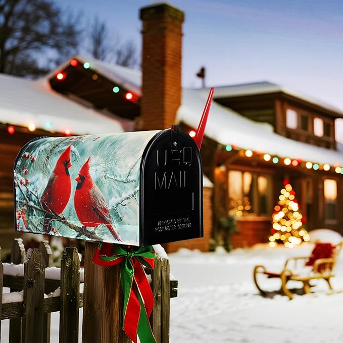 Blosssound Christmas Mailbox Cover Magnetic Standard Size 21 x 19 Inch, Winter Mailbox Cover Xmas Tree Decorative Post Letter Box Decor for Garden Yard Outdoor (Cardinal)