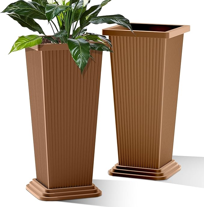 Set of 2 Large Planters for Outdoor Plants 24" Tall Tapered Modern Flower Pots with Drainage Tray for Garden, Patio, Porch (Brown Ribbed)