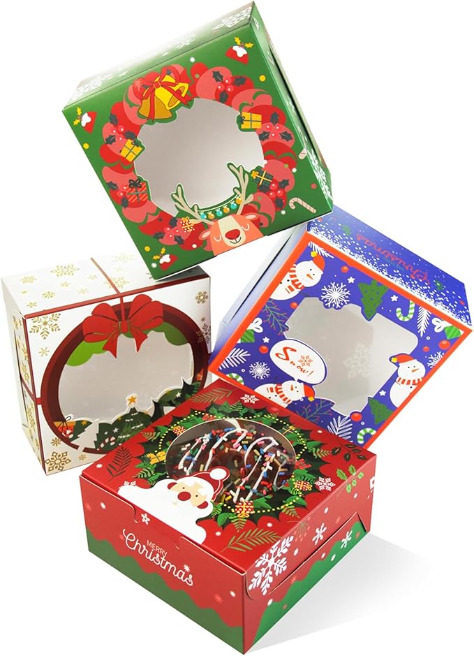 qiqee Christmas Cookie Boxes with Window 100packs 6x6x3 Inch Bakery Box Pastry Box for Christmas
