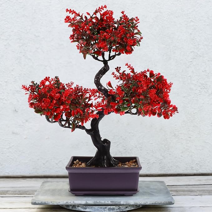 HANABASS Artificial Bonsai Tree Fake Blossom Faux Potted Plant Realistic Red Fake Plant for Indoor Outdoor Garden Home Office Decor Decor Wedding Centerpiece