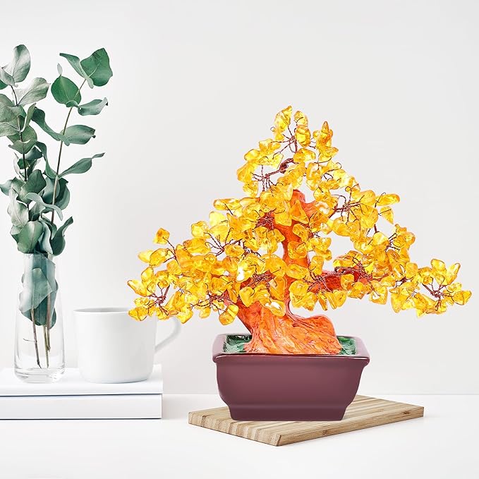 Feng Shui Quartz Crystal Money Tree Bonsai Style Decoration for Luck and Wealth (Yellow)