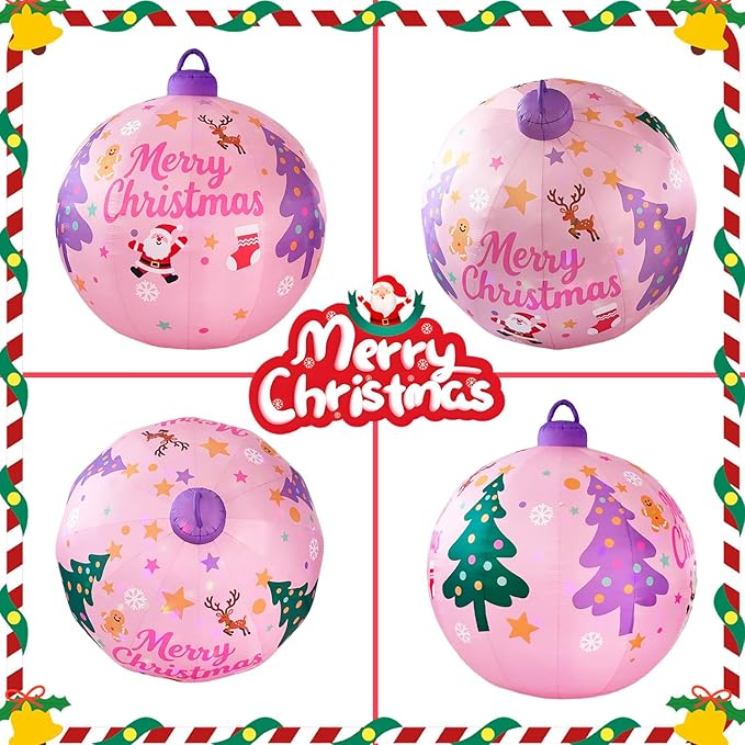 LANGXUN 8ft Pink Christmas Ball Inflatable Outdoor Indoor Decor, Giant Blow Up IP44 Weatherproof Xmas Decorations for Yard, Built-in 7-Color LED Rotating Light for Gardern Lawn Winter Holiday