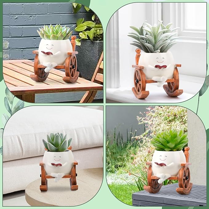 Smily Face Planter Pot, Cute Resin Flower Head Planters for Indoor Outdoor, Unique Sitting Rocking Chairs Succulent Pots, Cute Plant Gifts for Plant Lovers