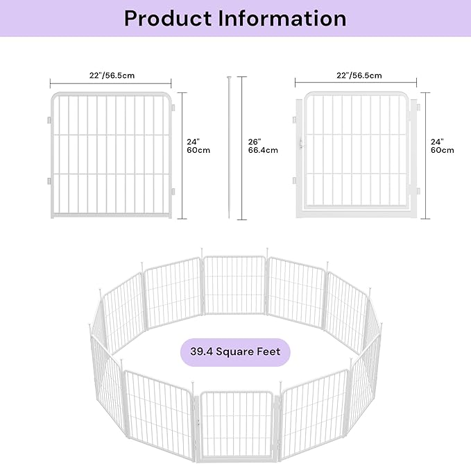 SunsGrove Garden Fence with Gate, 24 in(H) x 22.2 ft(L) 12 Panels Heavy Duty Metal Animal Barrier Fence for Yard, Suitable for Indoor or Outdoor Dog Pet Fence, Garden Fence Border, White