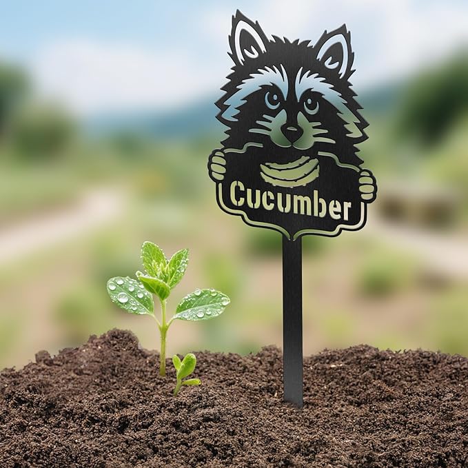 CUTHOLLOW Metal Plant Marker Stake Cucumber and Raccoon for Outdoor Indoor, Waterproof 11.8 inch Cute Garden Plant Labels Sign Tag for Vegetables, Farmhouse Greenhouse Decor - Funny Gardening Gifts