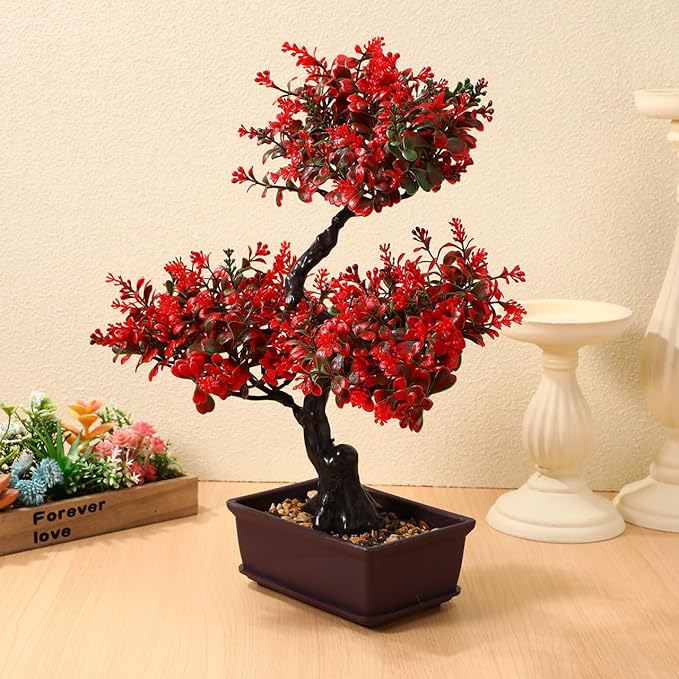 HANABASS Artificial Bonsai Tree Fake Blossom Faux Potted Plant Realistic Red Fake Plant for Indoor Outdoor Garden Home Office Decor Decor Wedding Centerpiece