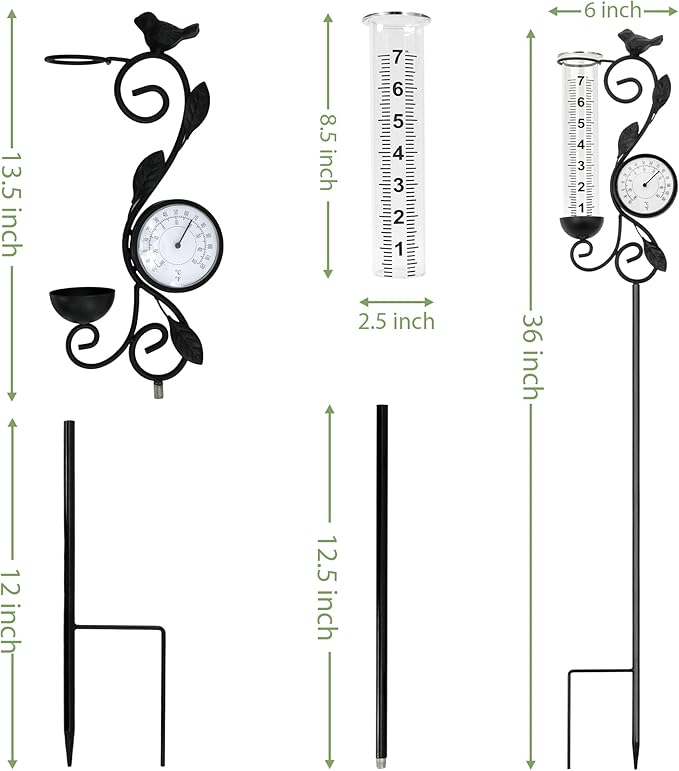 32" Garden Rain Gauge with Thermometer - 7" Glass Tube for Outdoor Indoor Use, Patio Yard Decor Statue